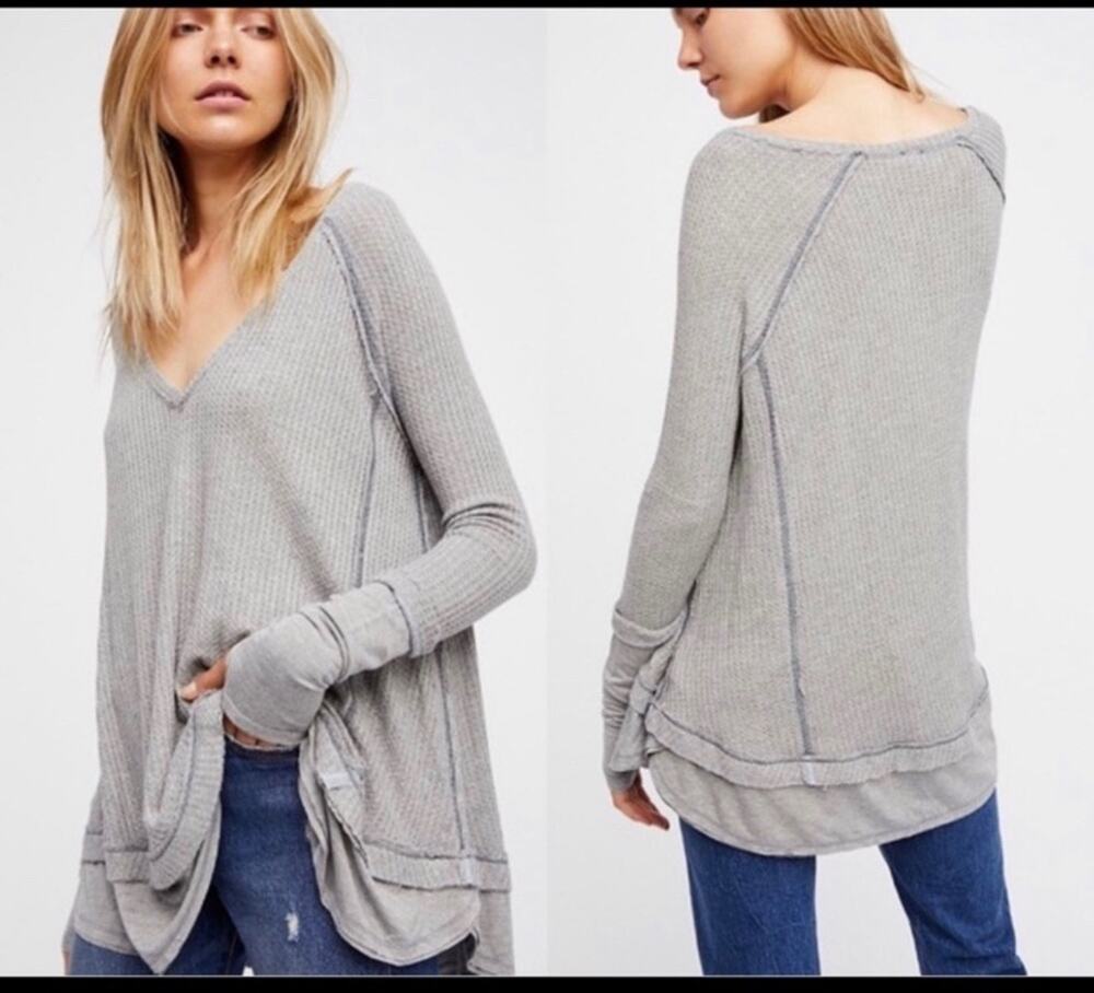 Free People we the free Laguna Gray Waffle sweater thumb holes size xs